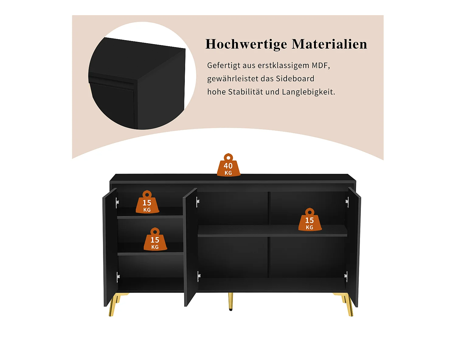 Buffet moderne avec 3 portes - 140 x 40 x 80 cm - MDF et métal - pour salon ou cuisine - Noir et or