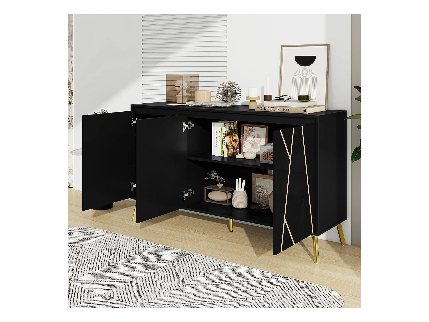 Buffet moderne avec 3 portes - 140 x 40 x 80 cm - MDF et métal - pour salon ou cuisine - Noir et or