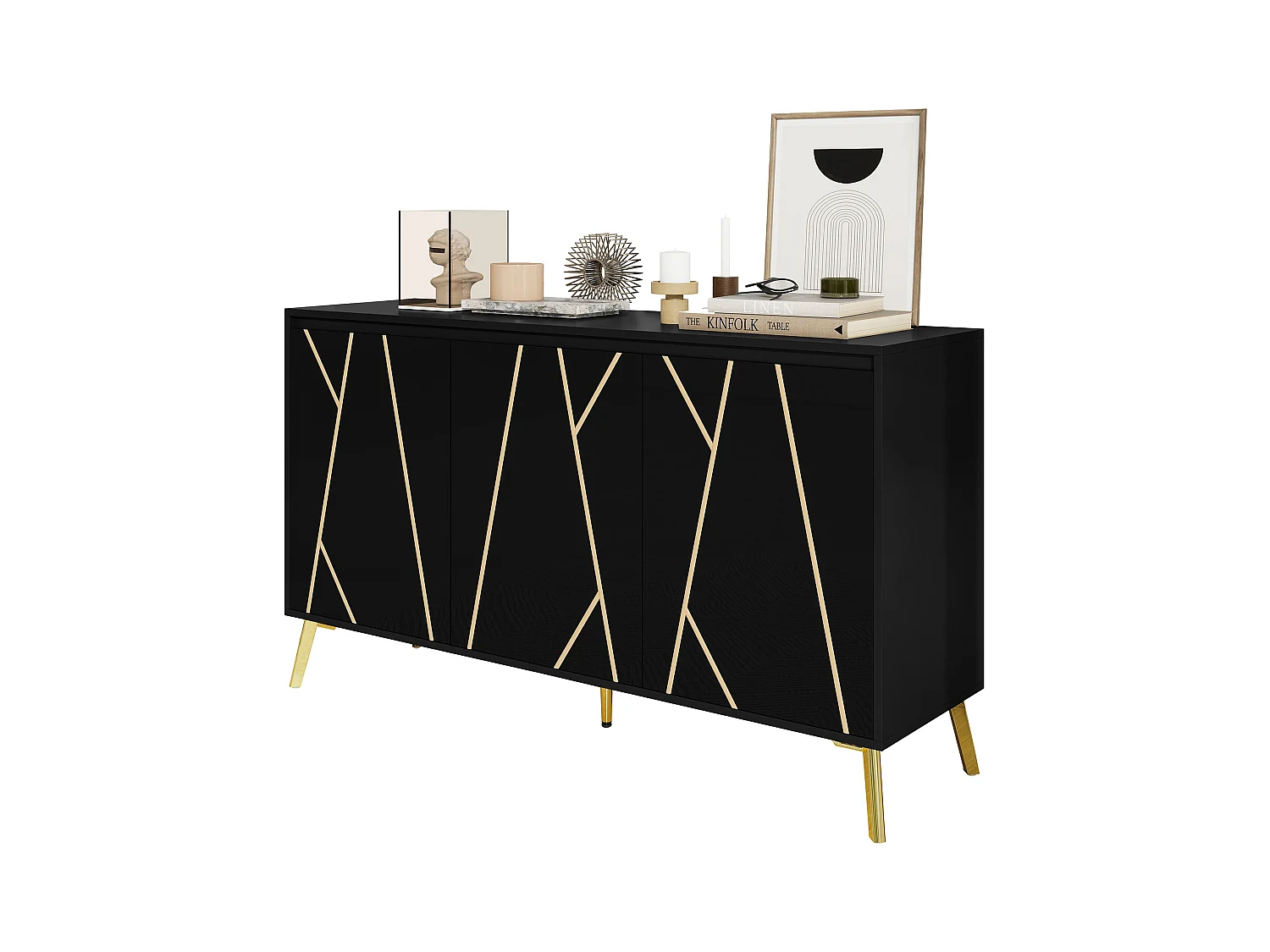 Buffet moderne avec 3 portes - 140 x 40 x 80 cm - MDF et métal - pour salon ou cuisine - Noir et or