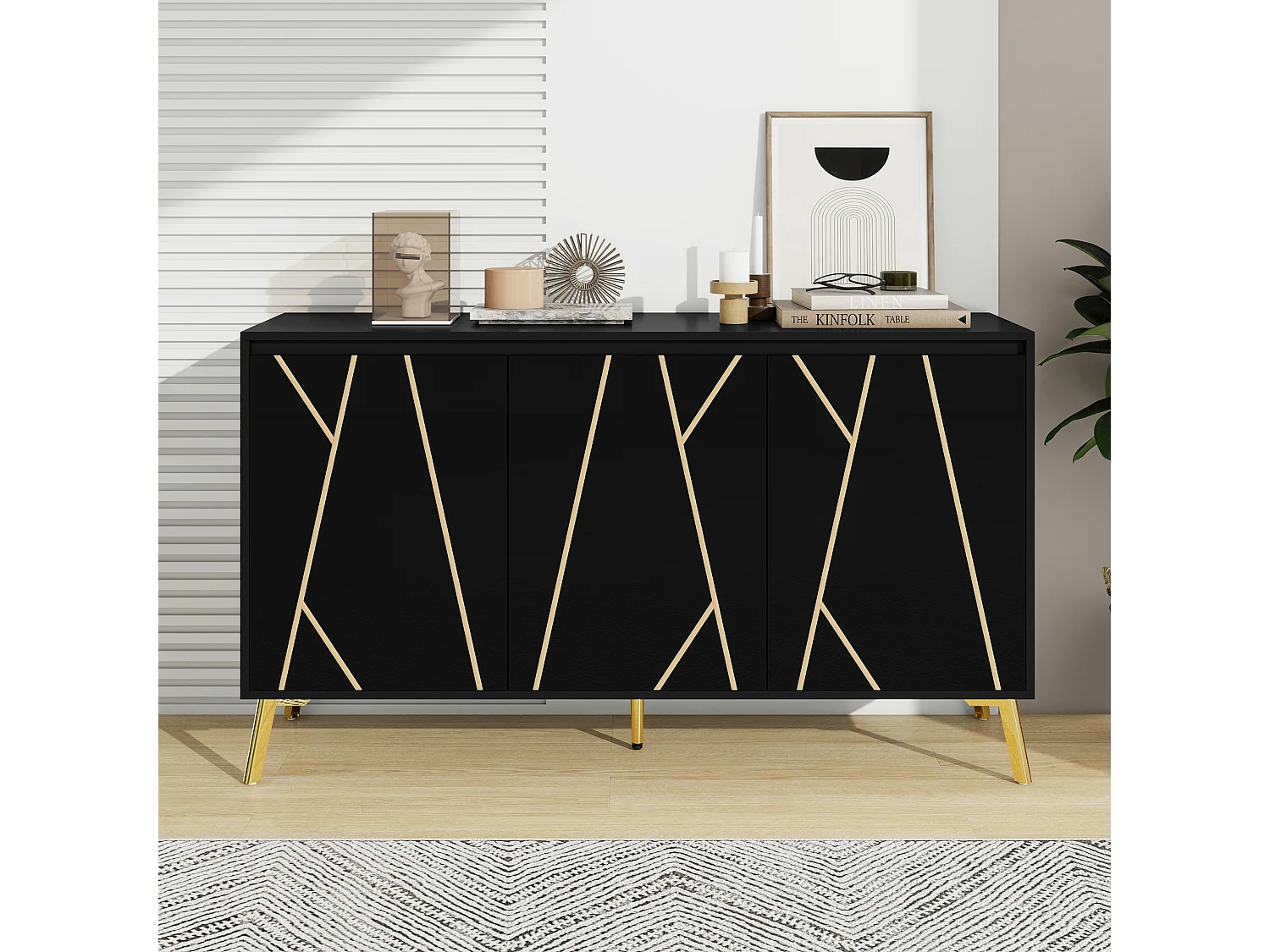 Buffet moderne avec 3 portes - 140 x 40 x 80 cm - MDF et métal - pour salon ou cuisine - Noir et or