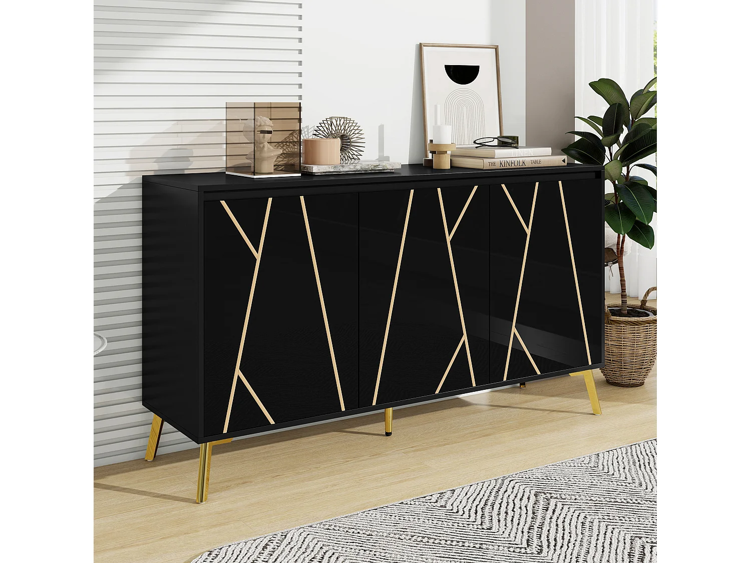 Buffet moderne avec 3 portes - 140 x 40 x 80 cm - MDF et métal - pour salon ou cuisine - Noir et or