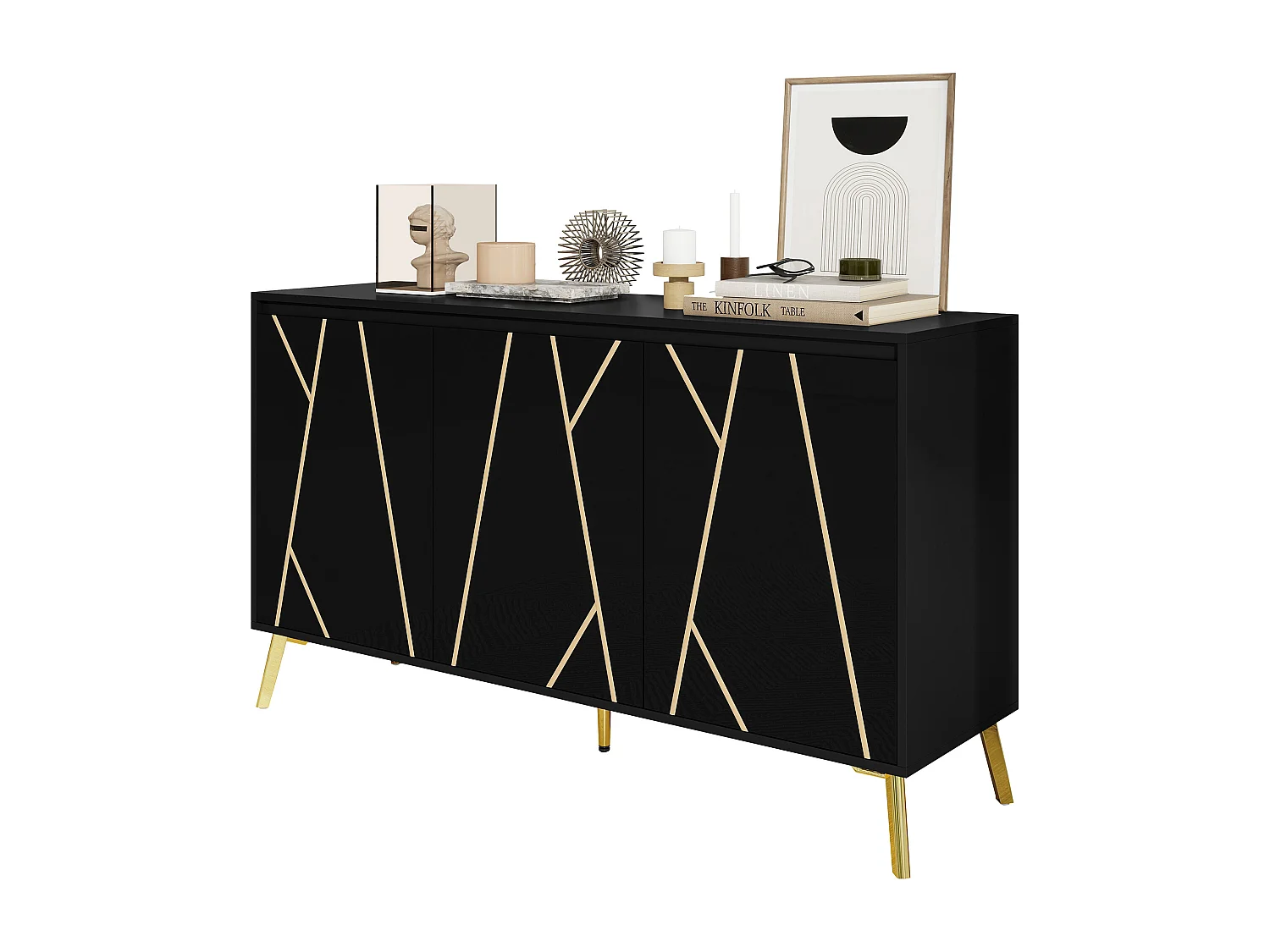 Buffet moderne avec 3 portes - 140 x 40 x 80 cm - MDF et métal - pour salon ou cuisine - Noir et or