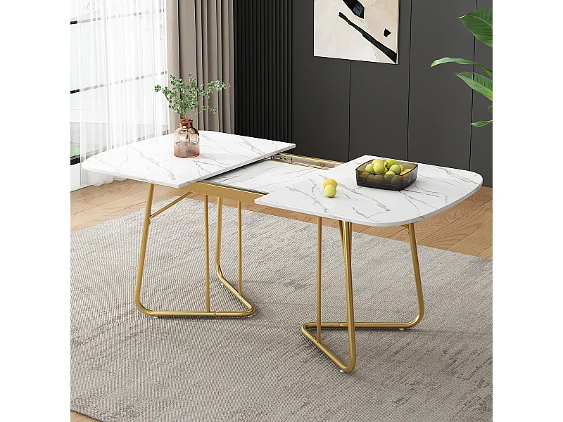 Mesa de jantar extensível para 4 a 6 talheres - C 140/180 x L 80 x A 75 cm - Madeira MDF e metal - Padrão mármore - Branco