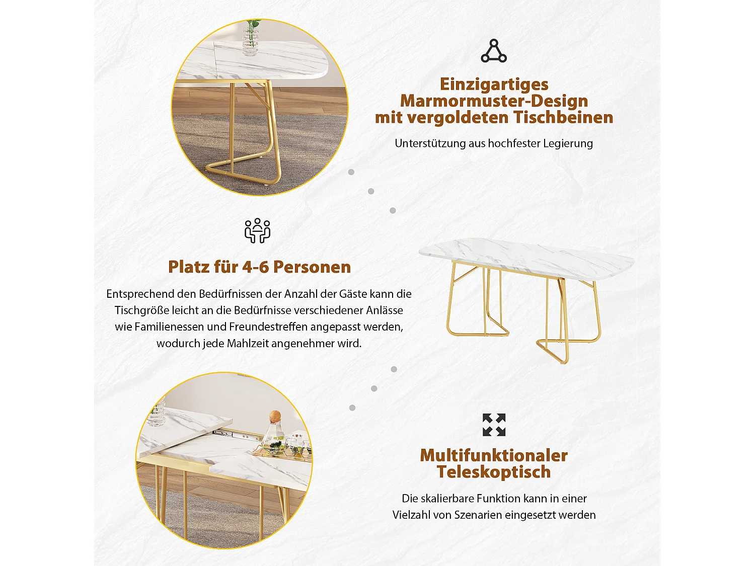 Ausziehbarer Esstisch für 4 bis 6 Gedecke – L 140/180 x B 80 x H 75 cm – MDF-Holz und Metall – Marmormuster – Weiß