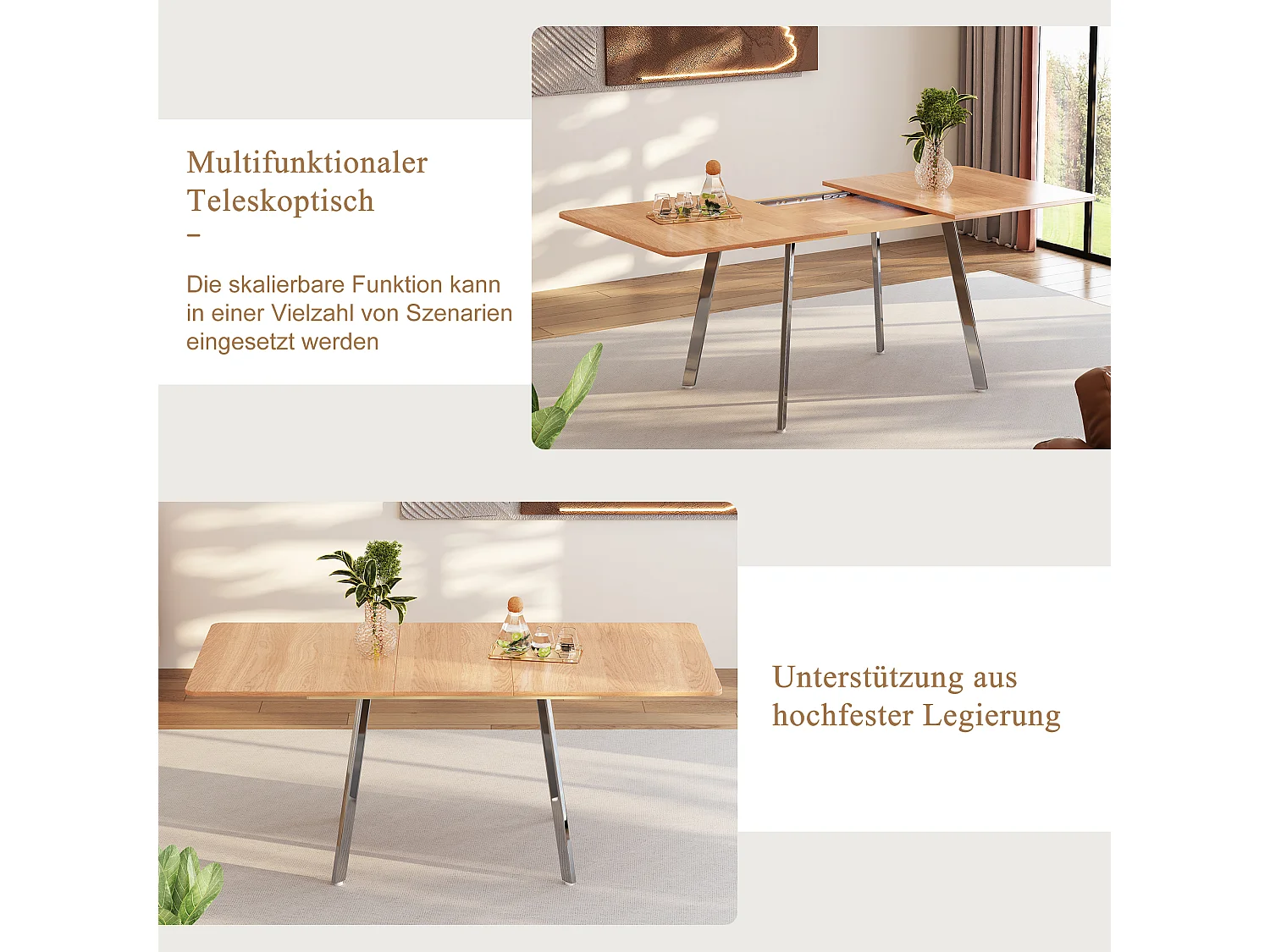 Table à manger extensible 4 à 6 couverts - L 140/180 x l 80 x H 75 cm - Bois MDF et métal - Naturel