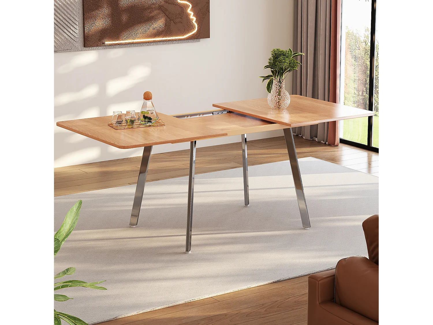 Table à manger extensible 4 à 6 couverts - L 140/180 x l 80 x H 75 cm - Bois MDF et métal - Naturel