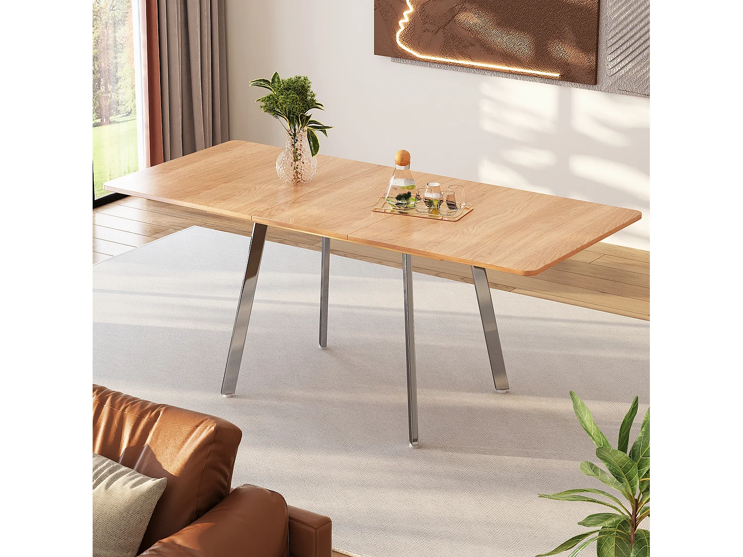 Table à manger extensible 4 à 6 couverts - L 140/180 x l 80 x H 75 cm - Bois MDF et métal - Naturel