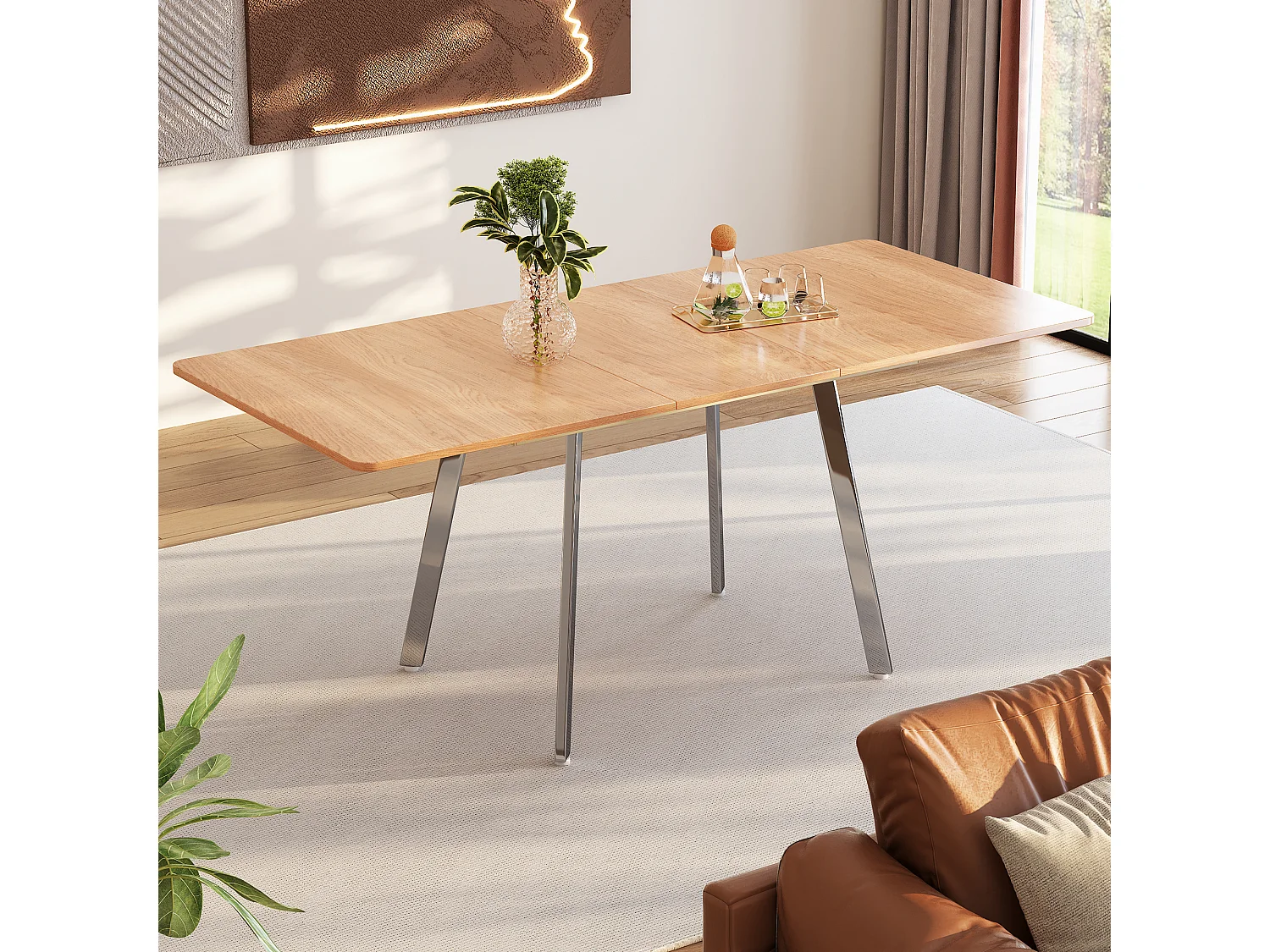 Table à manger extensible 4 à 6 couverts - L 140/180 x l 80 x H 75 cm - Bois MDF et métal - Naturel