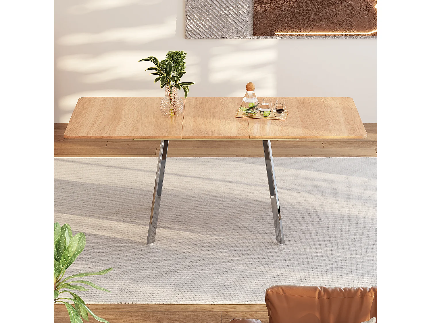 Table à manger extensible 4 à 6 couverts - L 140/180 x l 80 x H 75 cm - Bois MDF et métal - Naturel