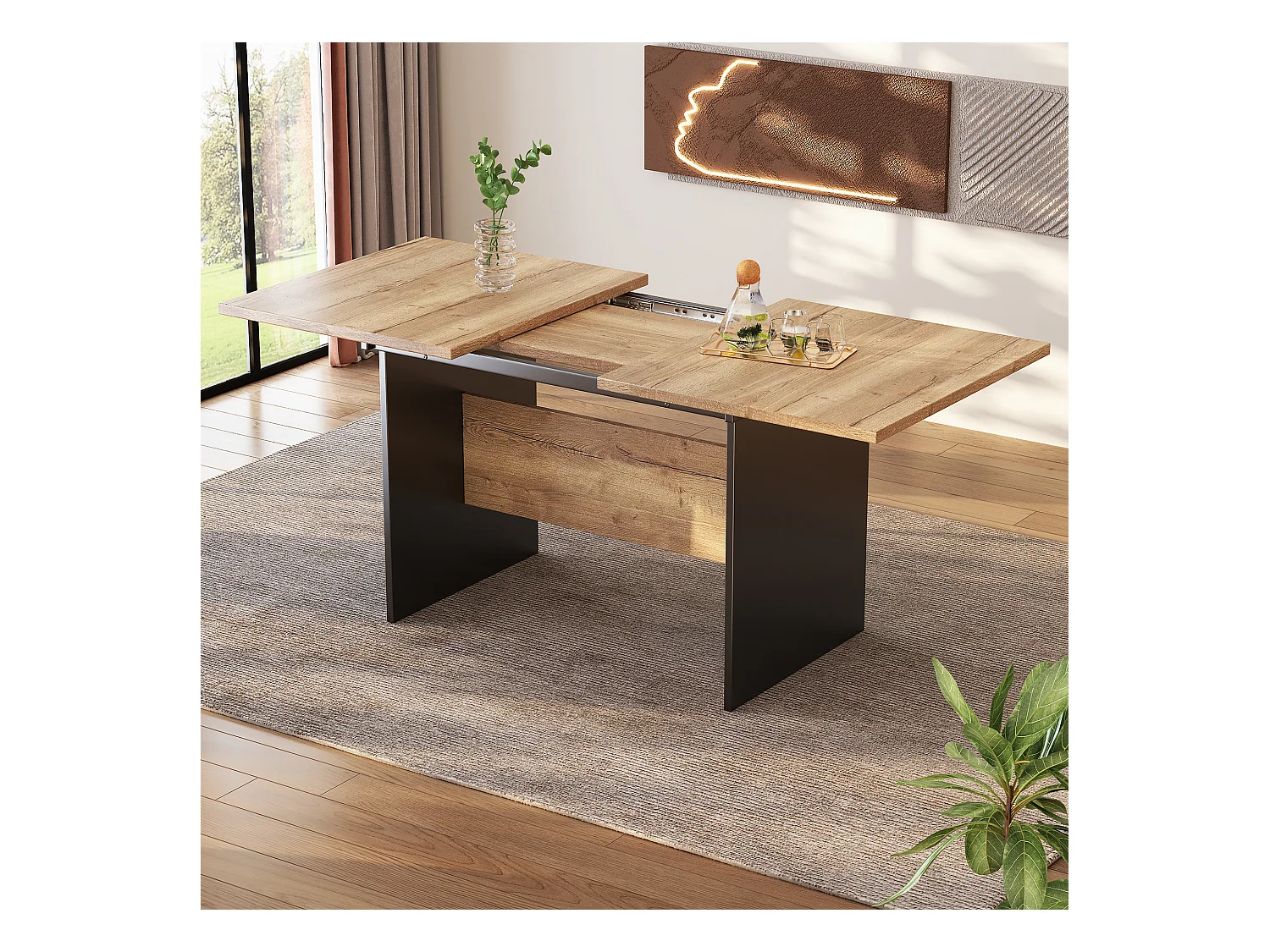 Ausziehbarer Esstisch mit Holzmaserung für 4 bis 6 Gedecke – L 140/180 x B 80 x H 75 cm – MDF-Holz – Schwarz + dunkles Walnussholz