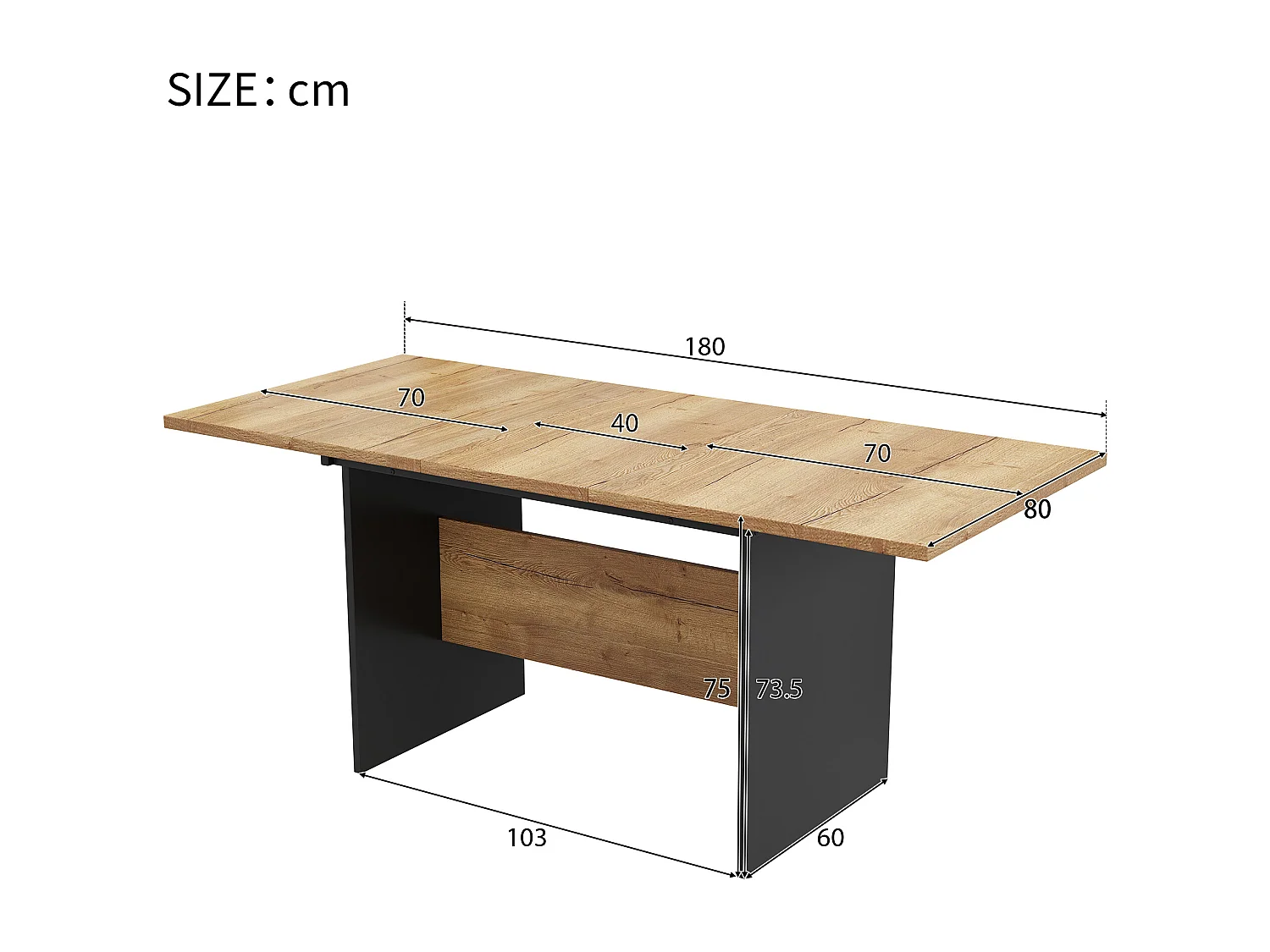 Ausziehbarer Esstisch mit Holzmaserung für 4 bis 6 Gedecke – L 140/180 x B 80 x H 75 cm – MDF-Holz – Schwarz + dunkles Walnussholz