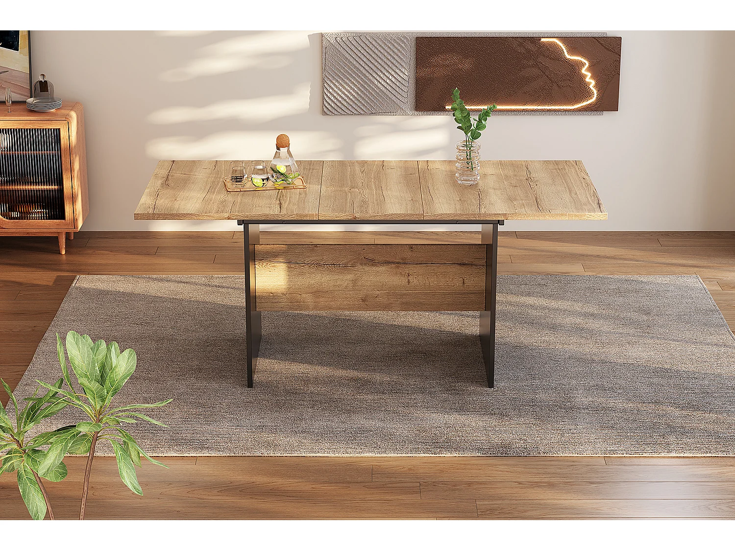 Ausziehbarer Esstisch mit Holzmaserung für 4 bis 6 Gedecke – L 140/180 x B 80 x H 75 cm – MDF-Holz – Schwarz + dunkles Walnussholz