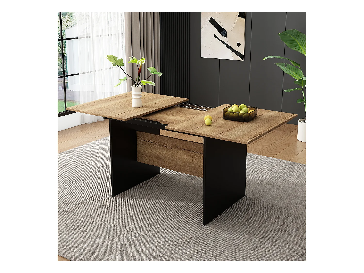 Table à manger extensible en grain de bois 4 à 6 couverts - L 140/180 x l 80 x H 75 cm - Bois MDF - Noir + Noyer foncé