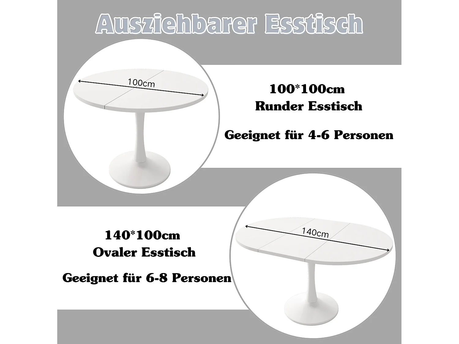 Table à manger extensible ovale 4 à 6 couverts - L 100/140 x l 100 x H 75 cm - Bois MDF - Blanc