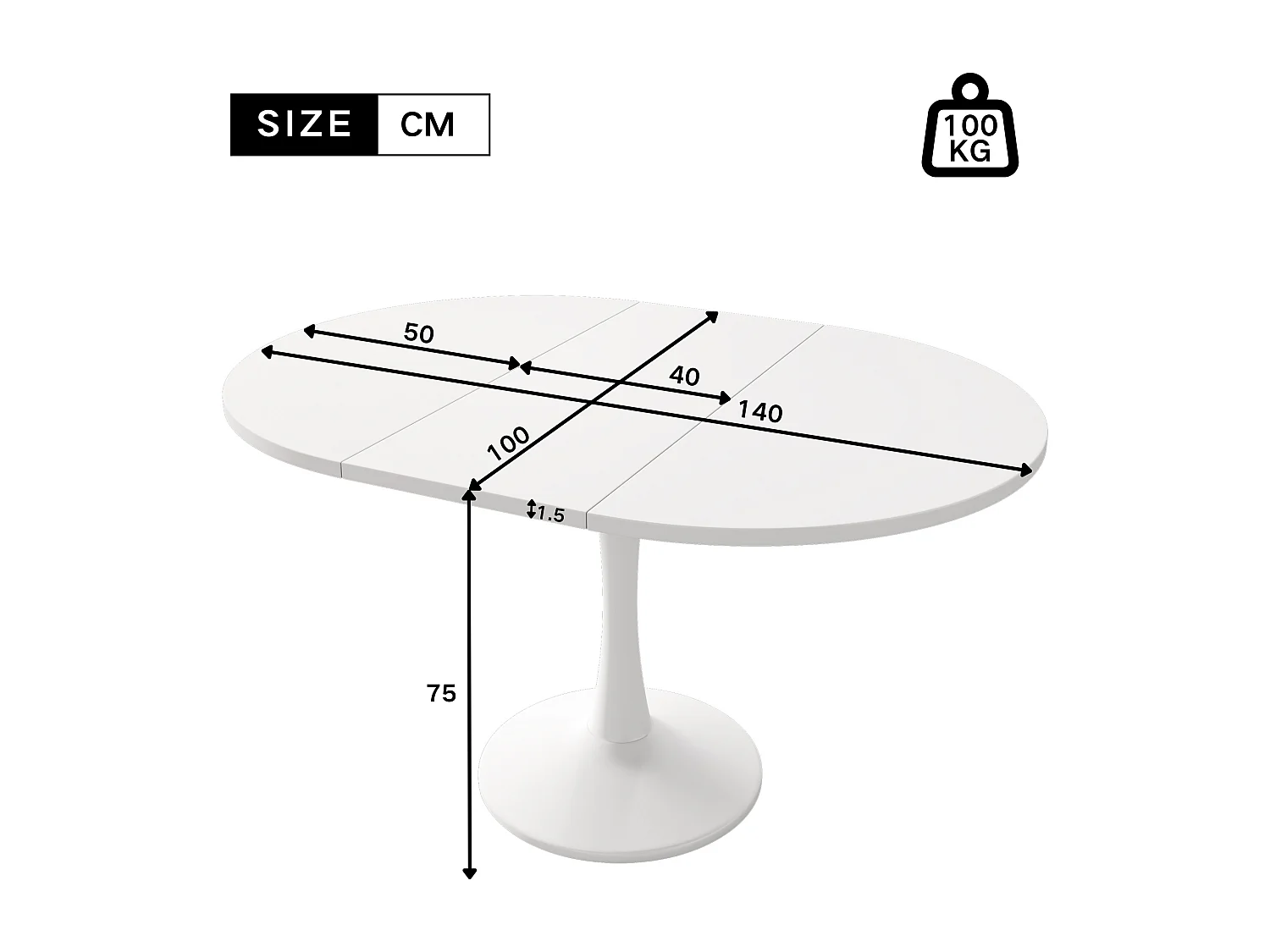 Table à manger extensible ovale 4 à 6 couverts - L 100/140 x l 100 x H 75 cm - Bois MDF - Blanc