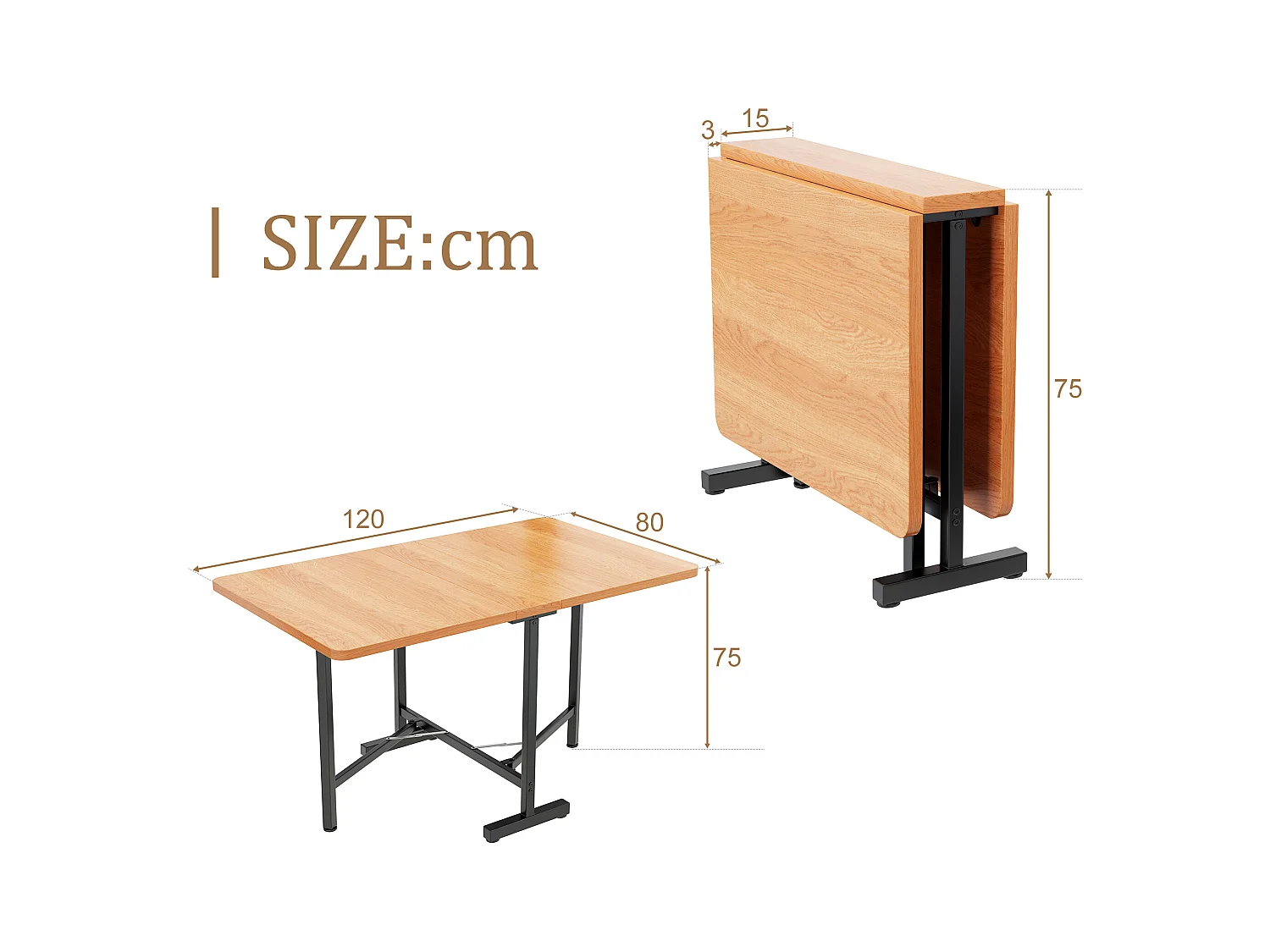 Table à manger pliable 4 à 6 couverts - L 120 x l 80 x H 75 cm - Bois MDF et métal - Naturel