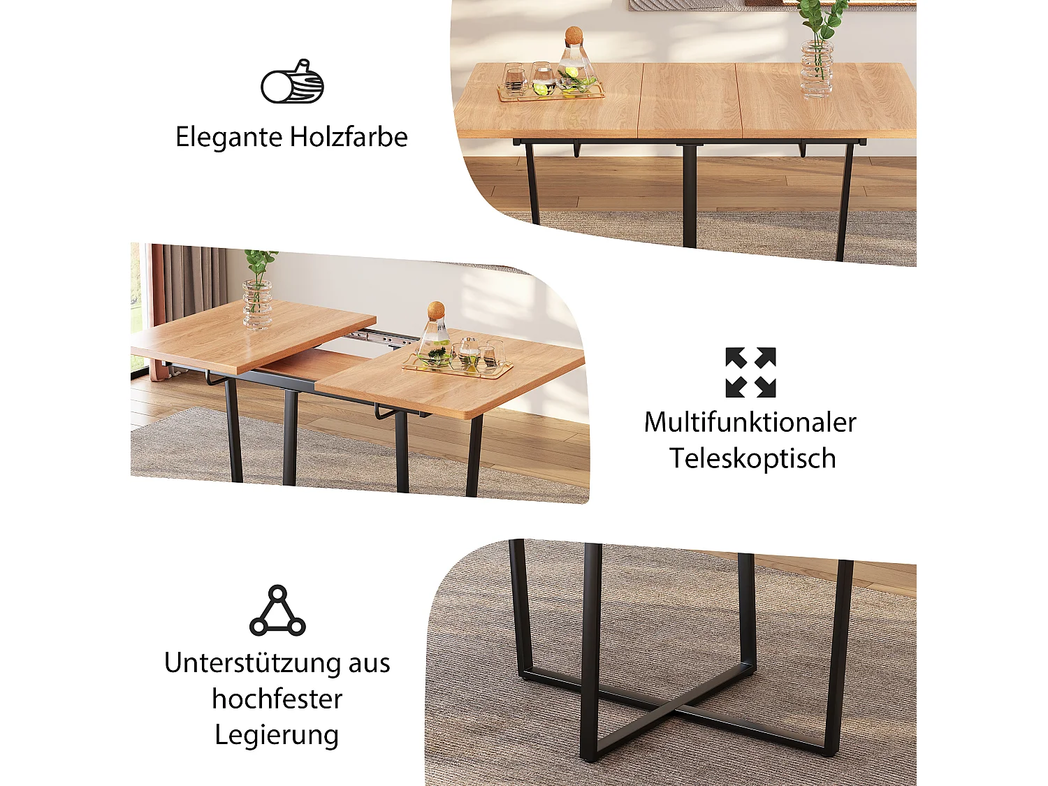 Table à manger extensible 4 à 6 couverts - L 110/140 x l 80 x H 75 cm - Bois et métal - Chêne clair