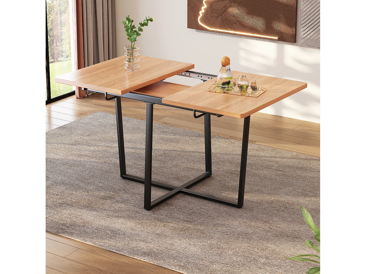 Table à manger extensible 4 à 6 couverts - L 110/140 x l 80 x H 75 cm - Bois et métal - Chêne clair
