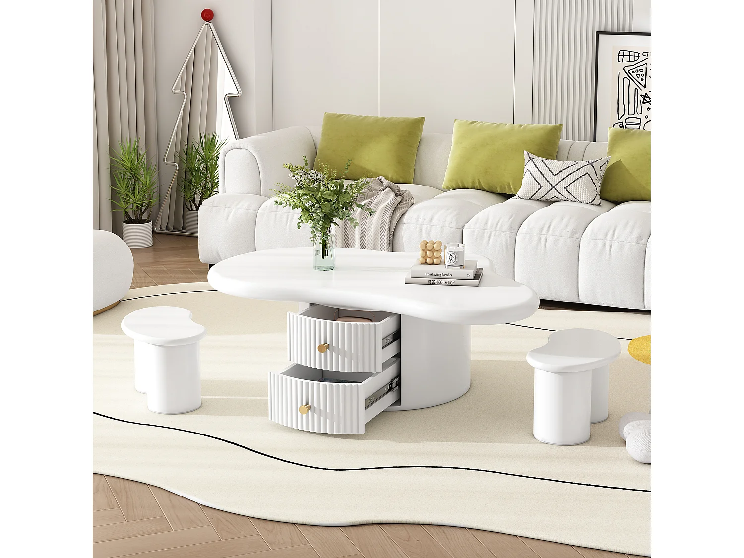 Table basse irrégulière avec 2 tiroirs et 2 tabourets - 97 x 67 x 32 cm - Plateau en MDF - Blanc