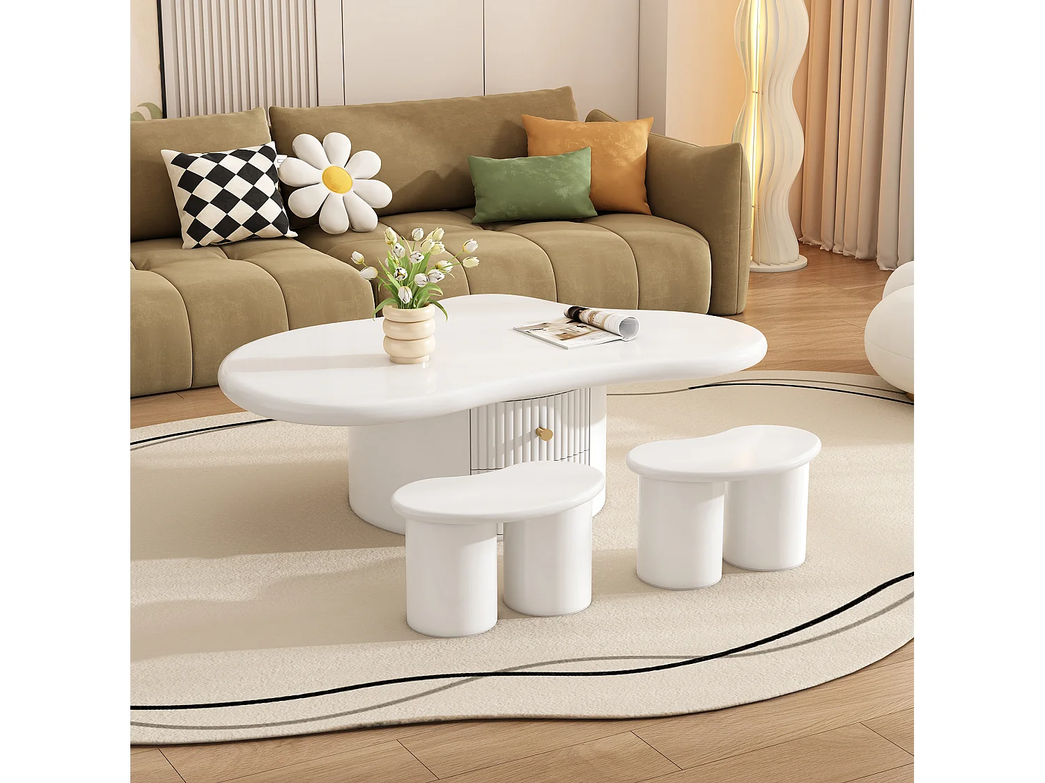 Table basse irrégulière avec 2 tiroirs et 2 tabourets - 97 x 67 x 32 cm - Plateau en MDF - Blanc