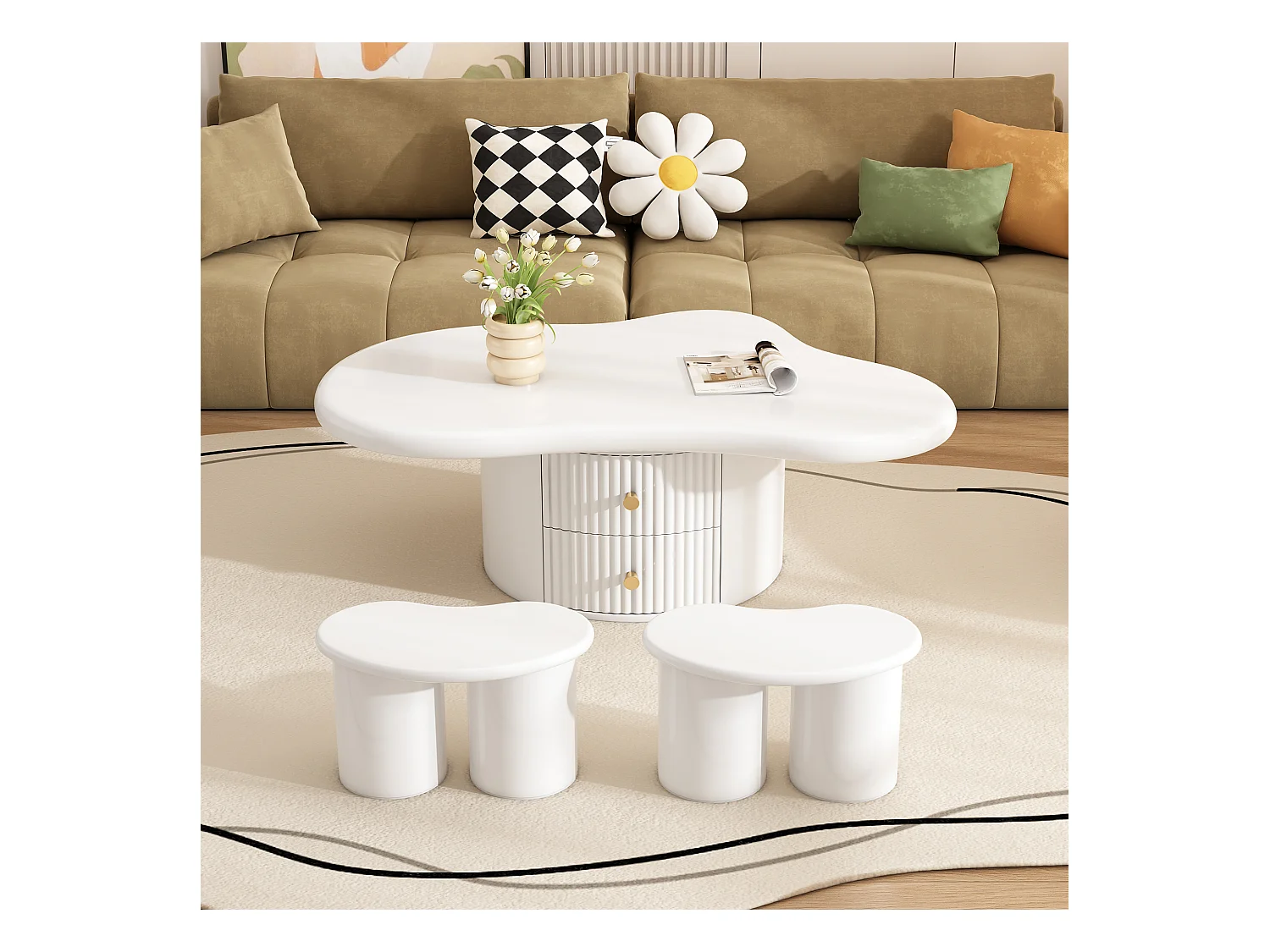 Table basse irrégulière avec 2 tiroirs et 2 tabourets - 97 x 67 x 32 cm - Plateau en MDF - Blanc