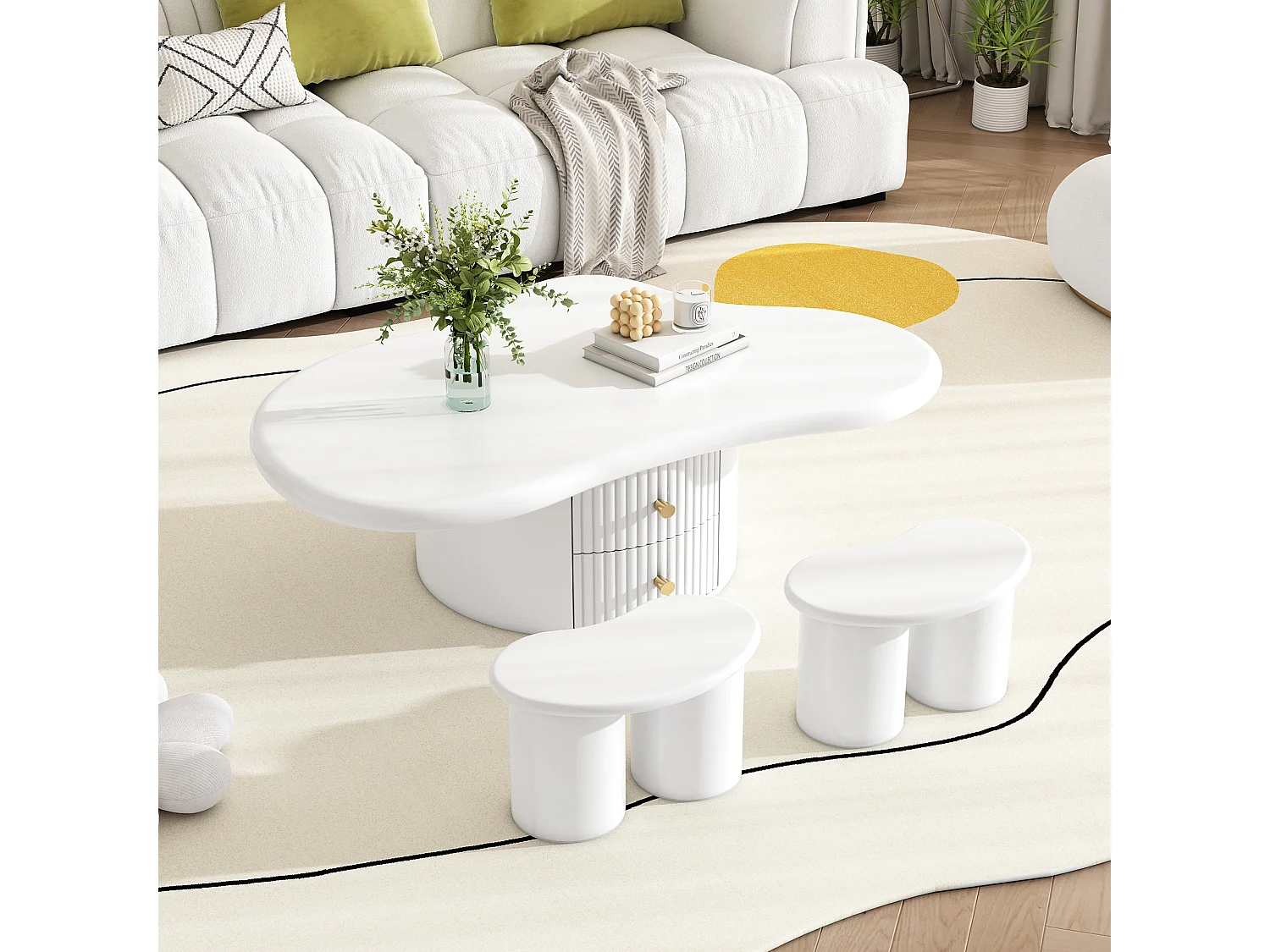 Table basse irrégulière avec 2 tiroirs et 2 tabourets - 97 x 67 x 32 cm - Plateau en MDF - Blanc