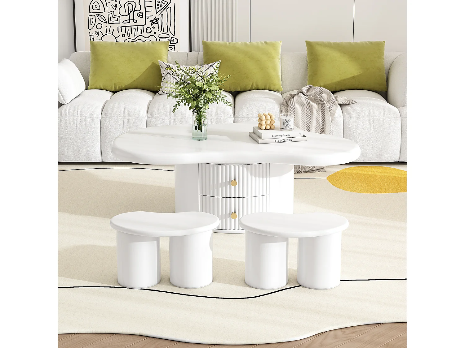 Table basse irrégulière avec 2 tiroirs et 2 tabourets - 97 x 67 x 32 cm - Plateau en MDF - Blanc