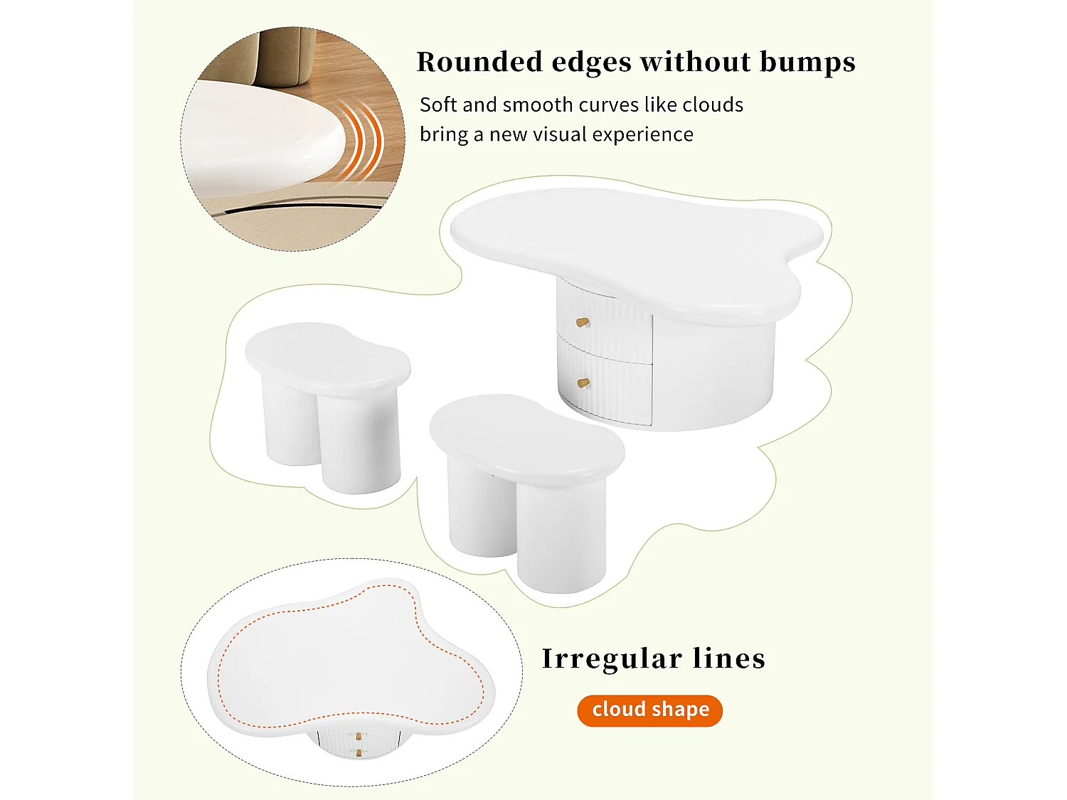 Table basse irrégulière avec 2 tiroirs et 2 tabourets - 97 x 67 x 32 cm - Plateau en MDF - Blanc