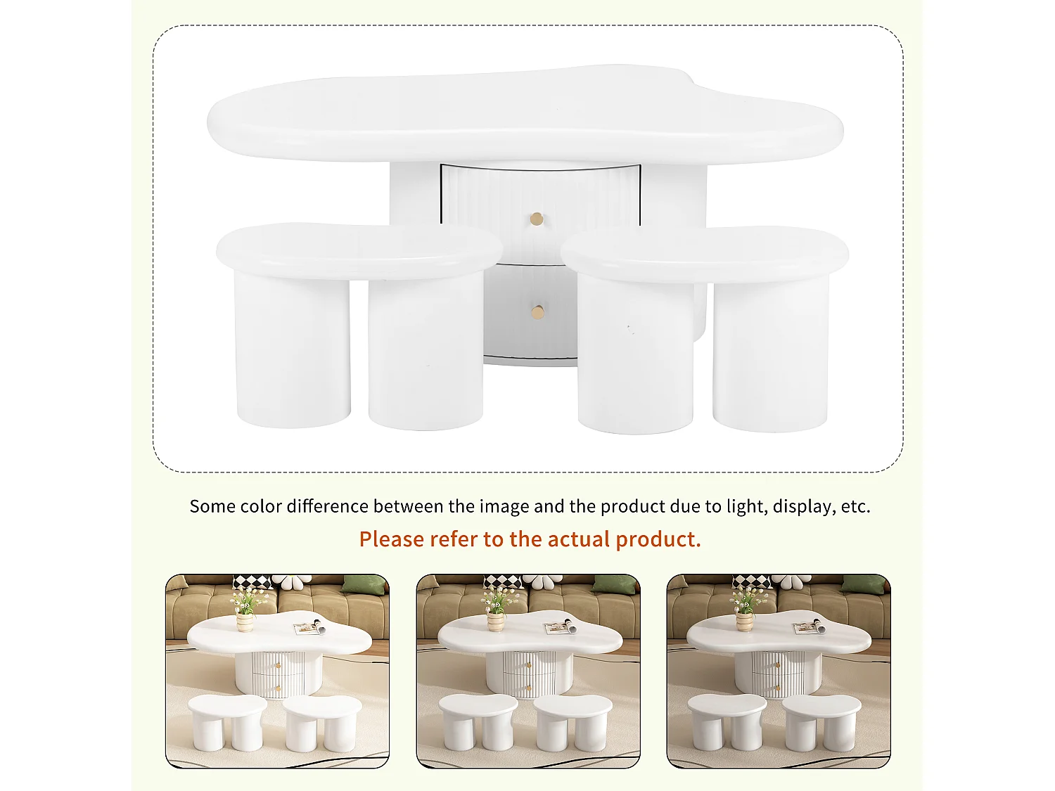 Table basse irrégulière avec 2 tiroirs et 2 tabourets - 97 x 67 x 32 cm - Plateau en MDF - Blanc