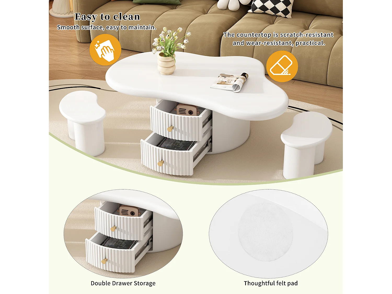 Table basse irrégulière avec 2 tiroirs et 2 tabourets - 97 x 67 x 32 cm - Plateau en MDF - Blanc