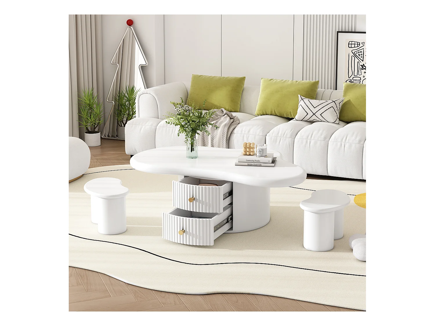 Table basse irrégulière avec 2 tiroirs et 2 tabourets - 97 x 67 x 32 cm - Plateau en MDF - Blanc