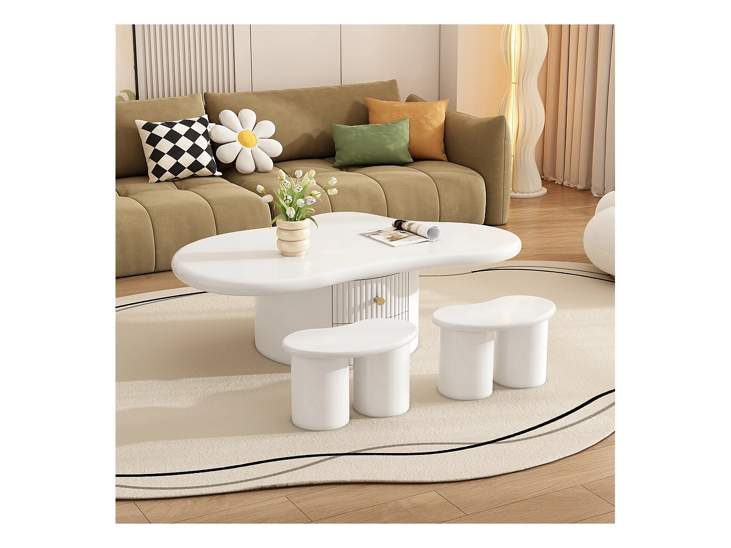 Table basse irrégulière avec 2 tiroirs et 2 tabourets - 97 x 67 x 32 cm - Plateau en MDF - Blanc