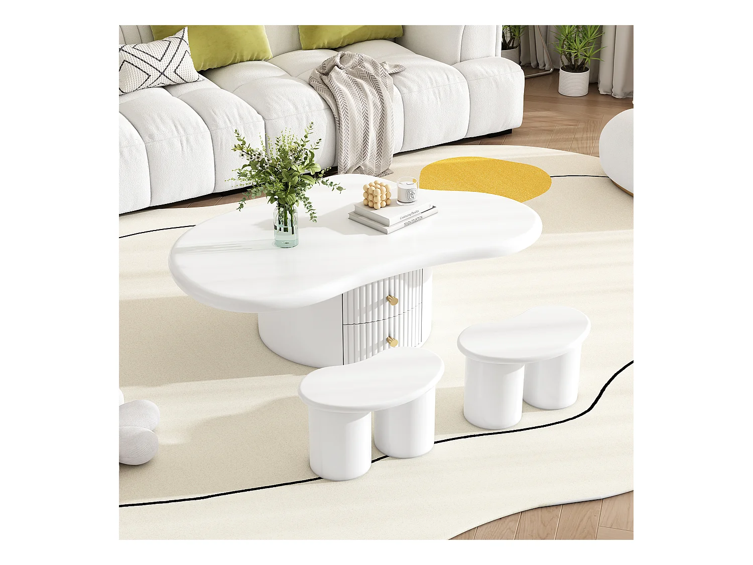 Table basse irrégulière avec 2 tiroirs et 2 tabourets - 97 x 67 x 32 cm - Plateau en MDF - Blanc
