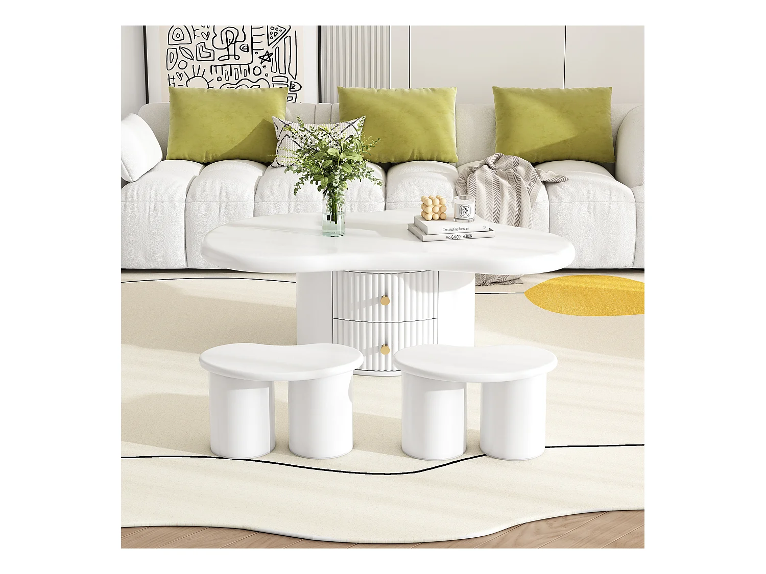 Table basse irrégulière avec 2 tiroirs et 2 tabourets - 97 x 67 x 32 cm - Plateau en MDF - Blanc