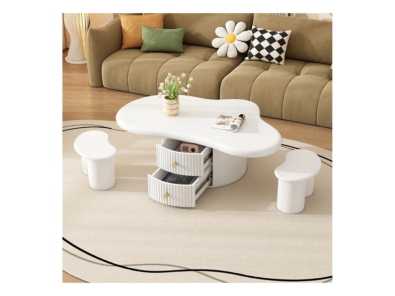 Table basse irrégulière avec 2 tiroirs et 2 tabourets - 97 x 67 x 32 cm - Plateau en MDF - Blanc