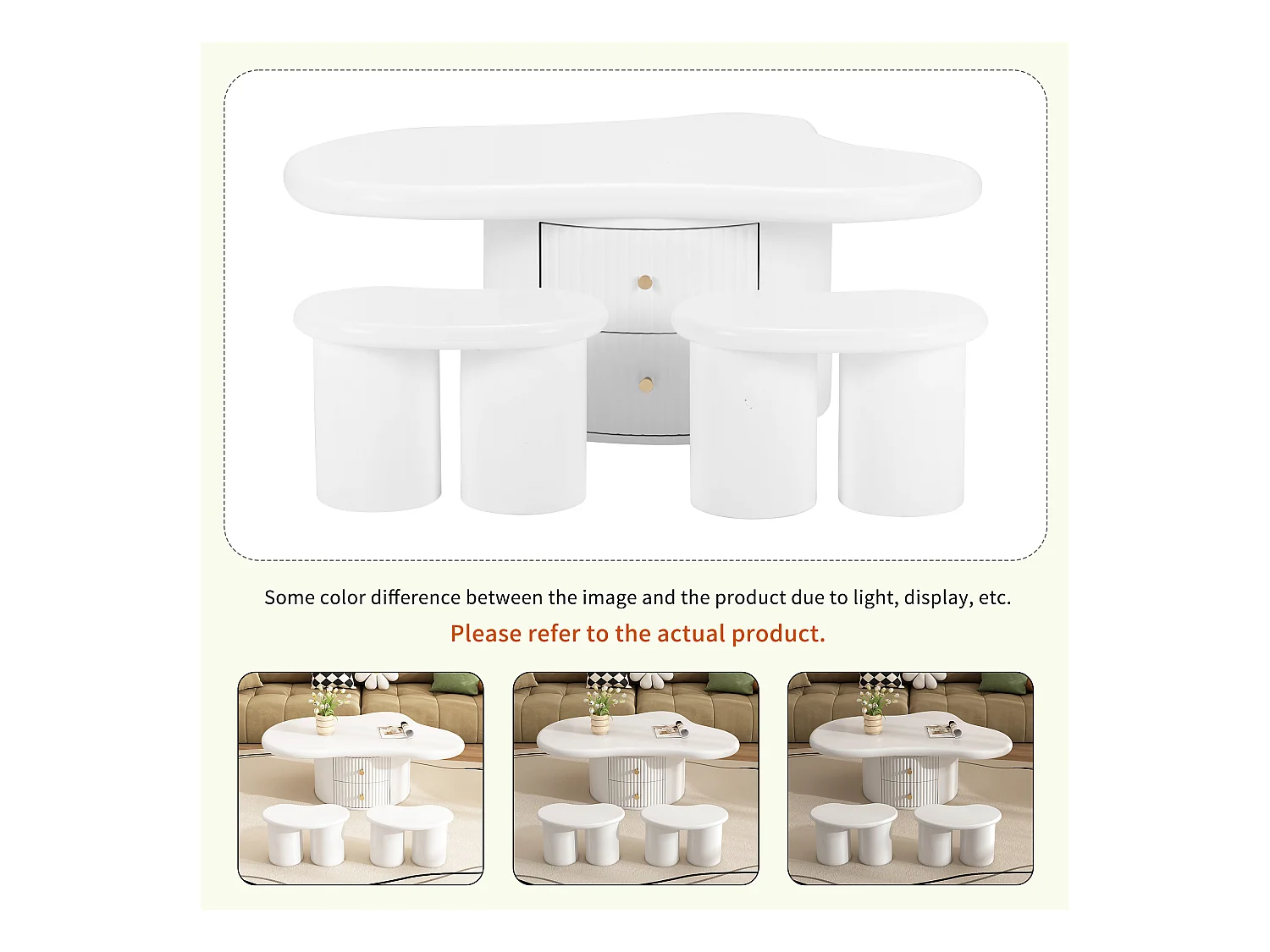 Table basse irrégulière avec 2 tiroirs et 2 tabourets - 97 x 67 x 32 cm - Plateau en MDF - Blanc
