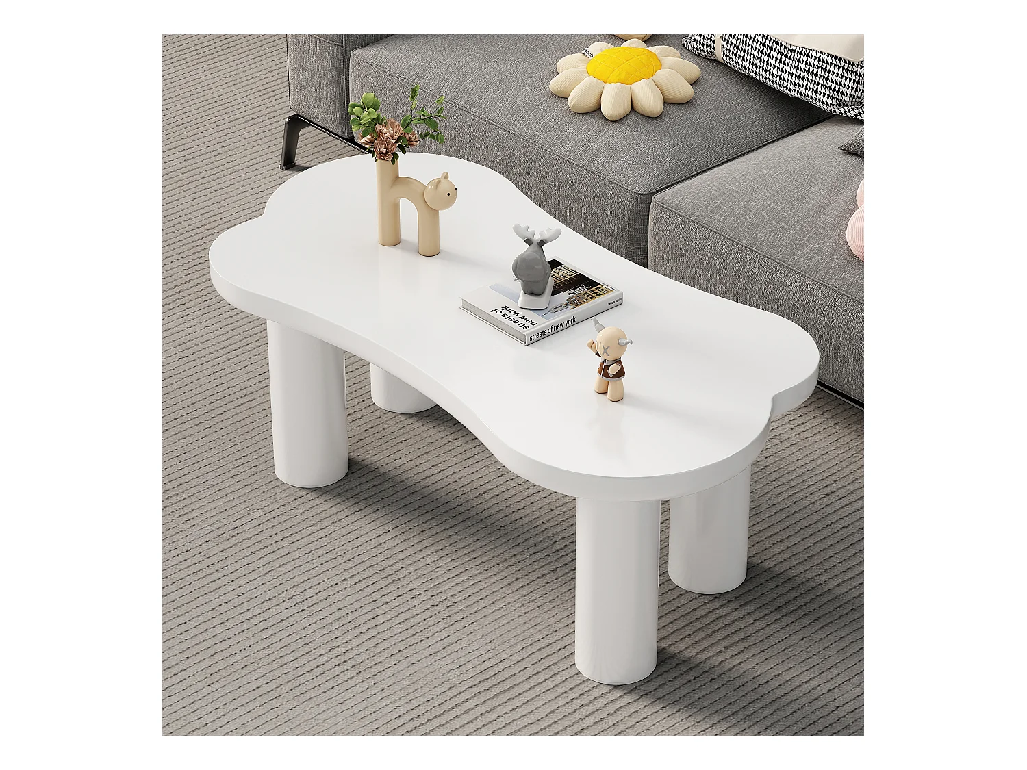 Unregelmäßiger knochenförmiger Couchtisch – 113 x 58 x 40,5 cm – MDF-Platte und PVC-Beine – Weiß