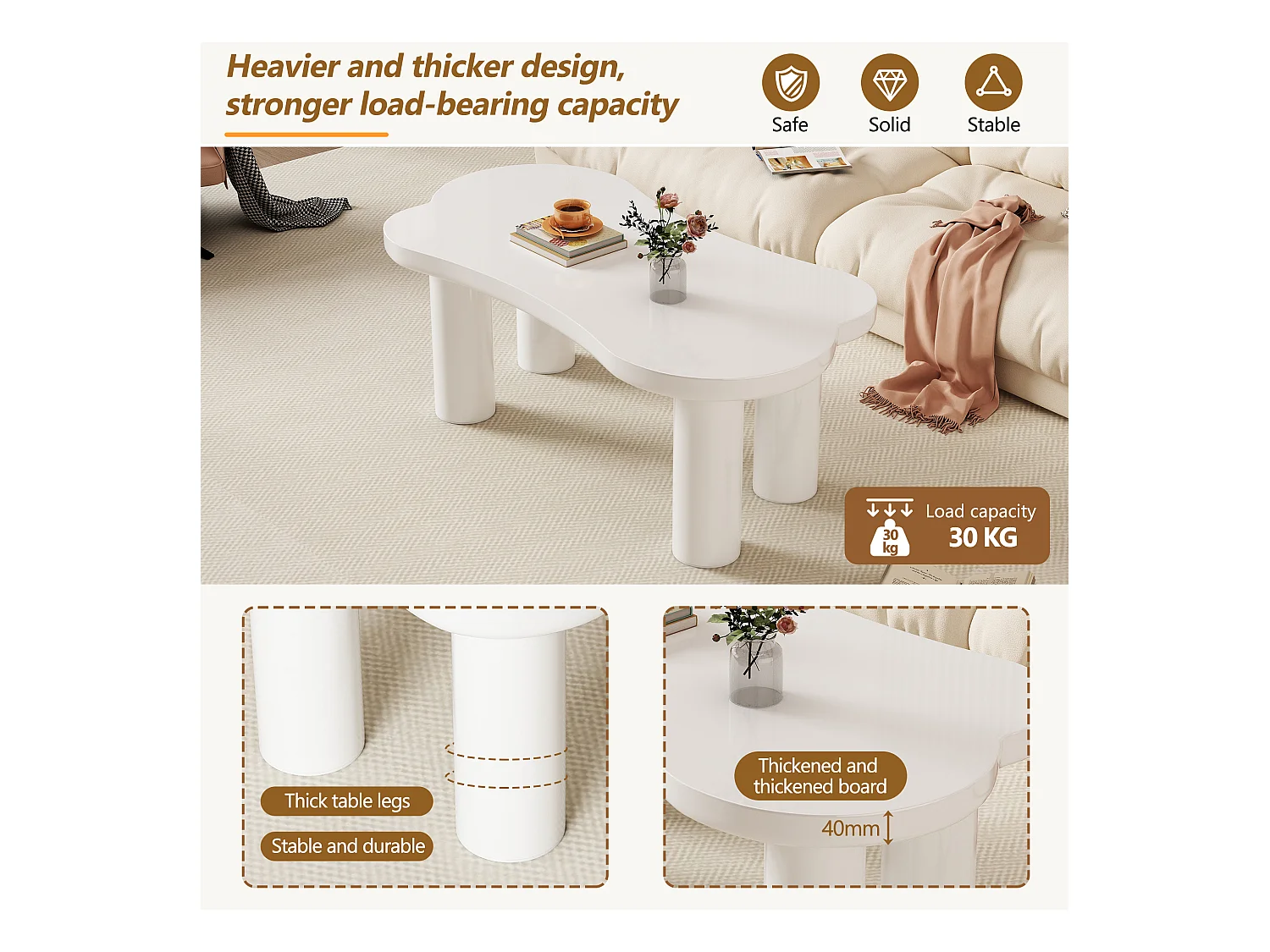 Table basse irrégulière en forme d'os - 113 x 58 x 40.5 cm - Plateau en MDF et pieds en PVC - Blanc