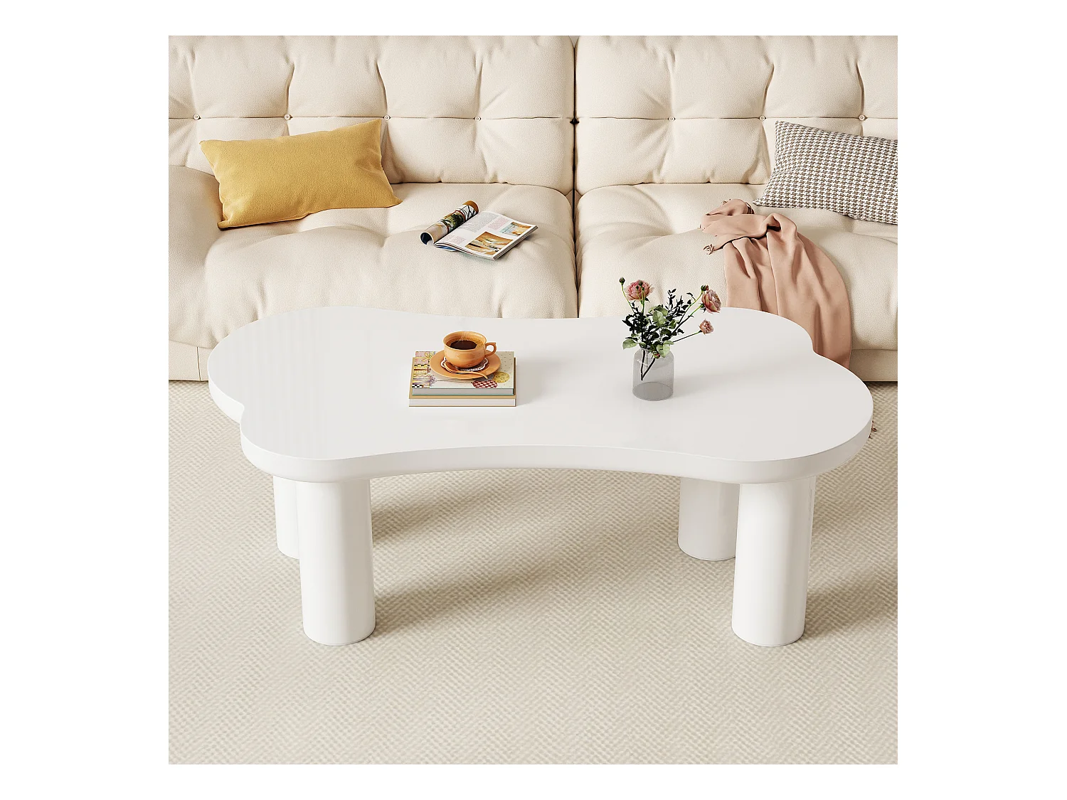 Table basse irrégulière en forme d'os - 113 x 58 x 40.5 cm - Plateau en MDF et pieds en PVC - Blanc
