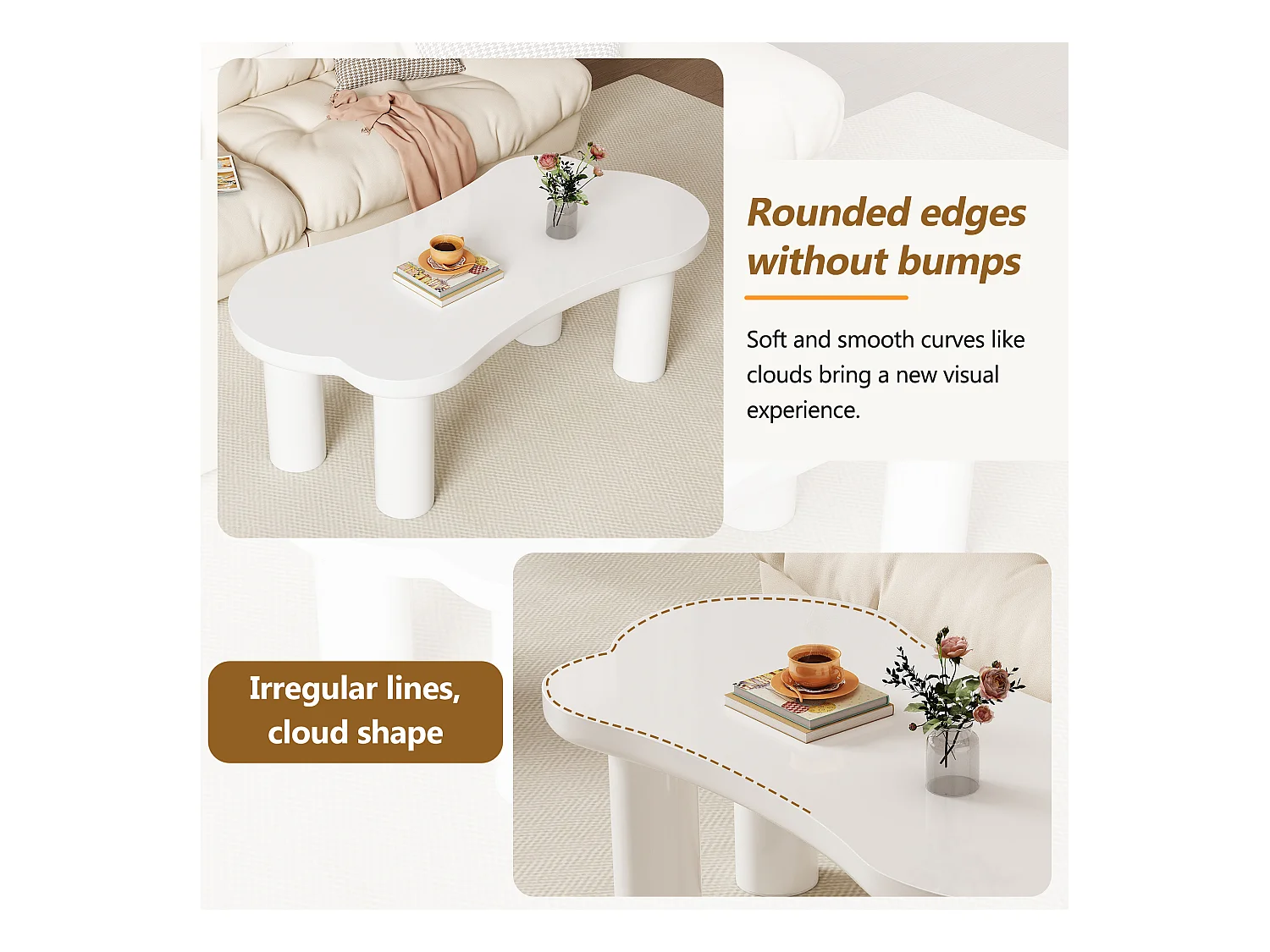 Table basse irrégulière en forme d'os - 113 x 58 x 40.5 cm - Plateau en MDF et pieds en PVC - Blanc