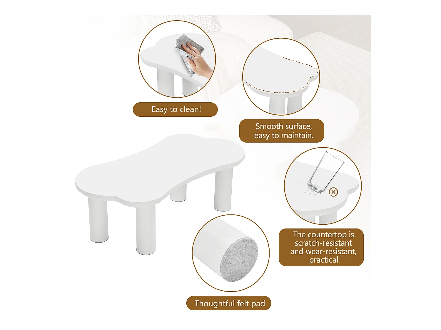 Table basse irrégulière en forme d'os - 113 x 58 x 40.5 cm - Plateau en MDF et pieds en PVC - Blanc