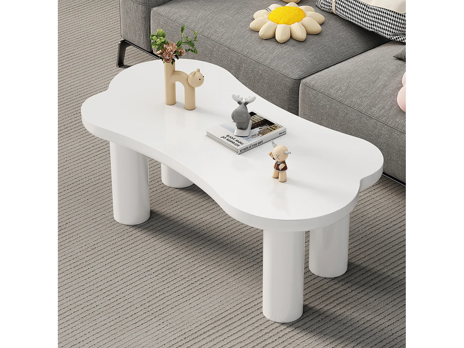 Table basse irrégulière en forme d'os - 113 x 58 x 40.5 cm - Plateau en MDF et pieds en PVC - Blanc