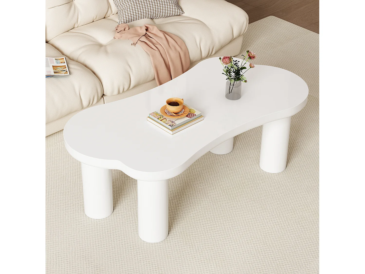 Table basse irrégulière en forme d'os - 113 x 58 x 40.5 cm - Plateau en MDF et pieds en PVC - Blanc
