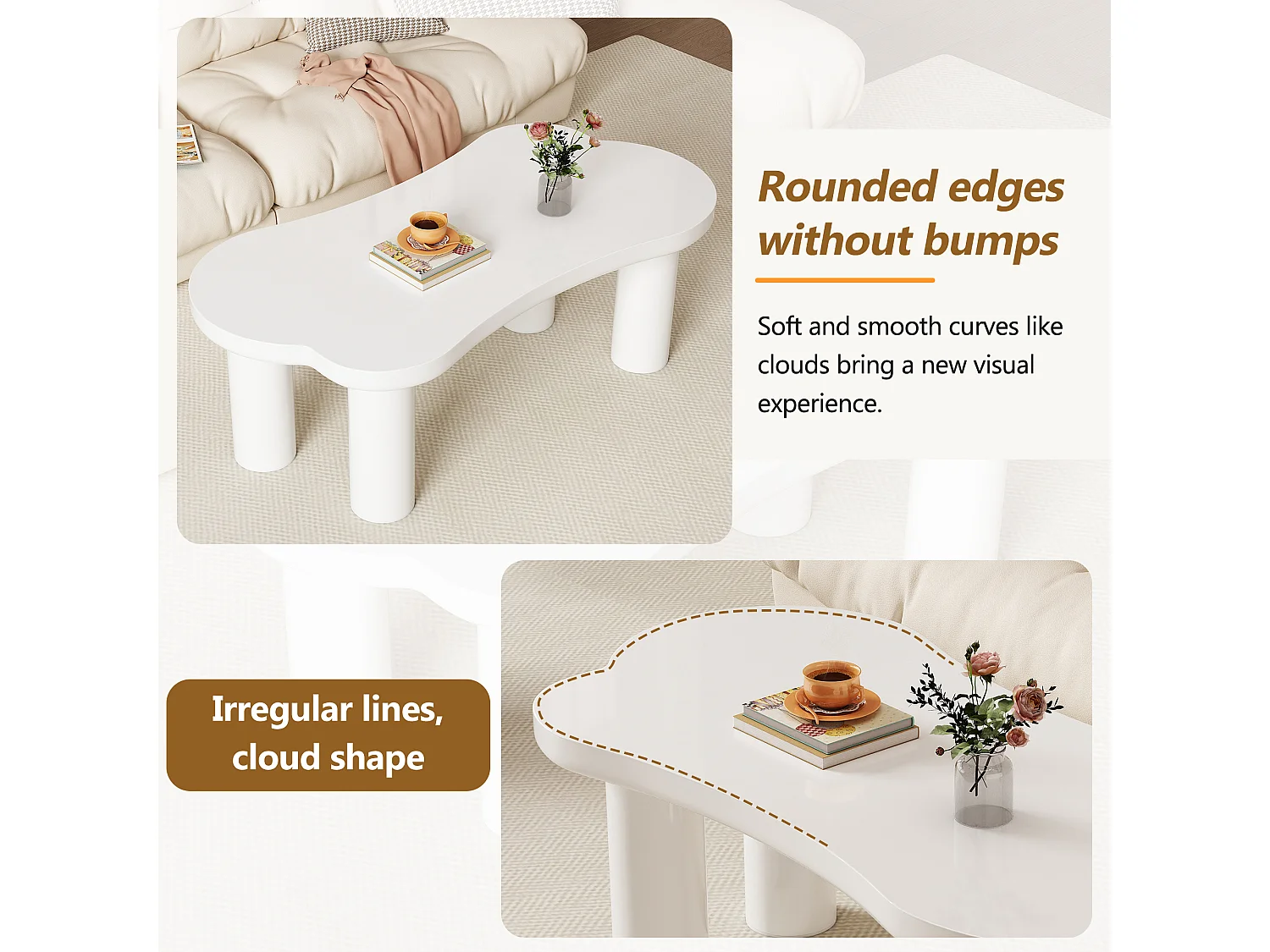 Table basse irrégulière en forme d'os - 113 x 58 x 40.5 cm - Plateau en MDF et pieds en PVC - Blanc