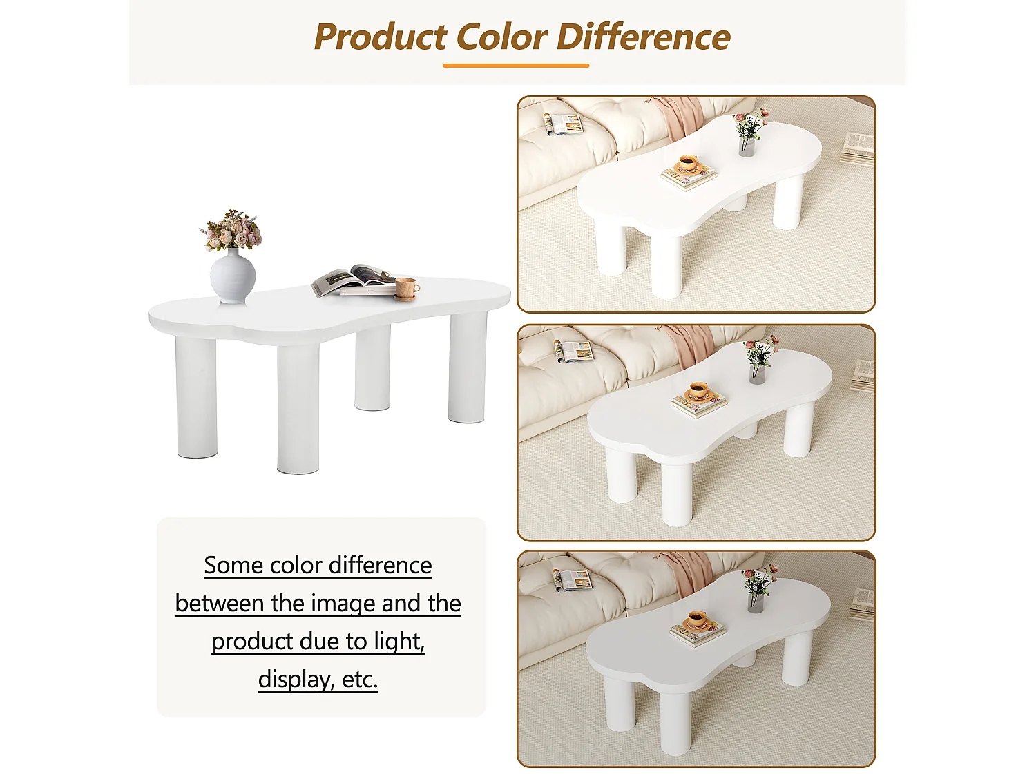 Table basse irrégulière en forme d'os - 113 x 58 x 40.5 cm - Plateau en MDF et pieds en PVC - Blanc