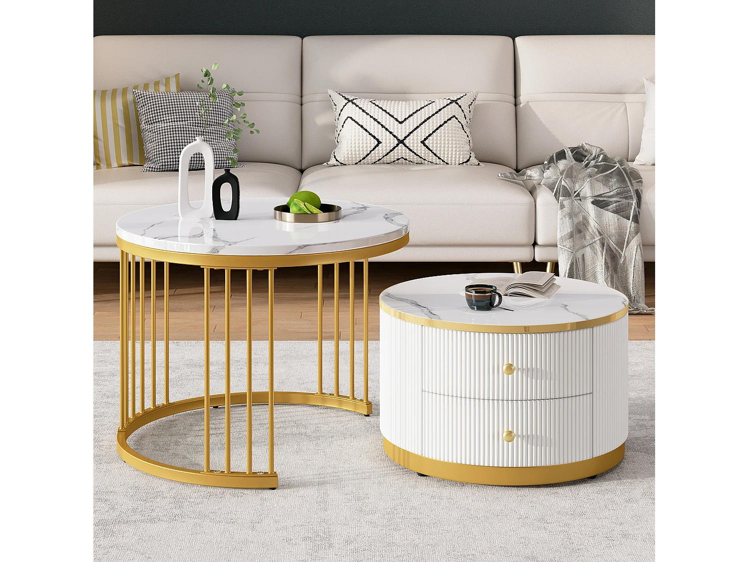 Set van 2 in elkaar schuivende salontafels met 2 laden - 60 x 60 x 45,5 cm + 50 x 50 x 32 cm - Glanzende marmerlook - MDF - Goud en wit
