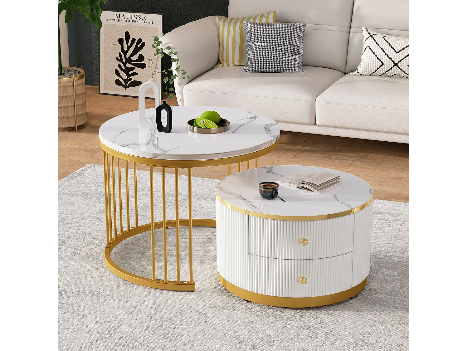 Set van 2 in elkaar schuivende salontafels met 2 laden - 60 x 60 x 45,5 cm + 50 x 50 x 32 cm - Glanzende marmerlook - MDF - Goud en wit