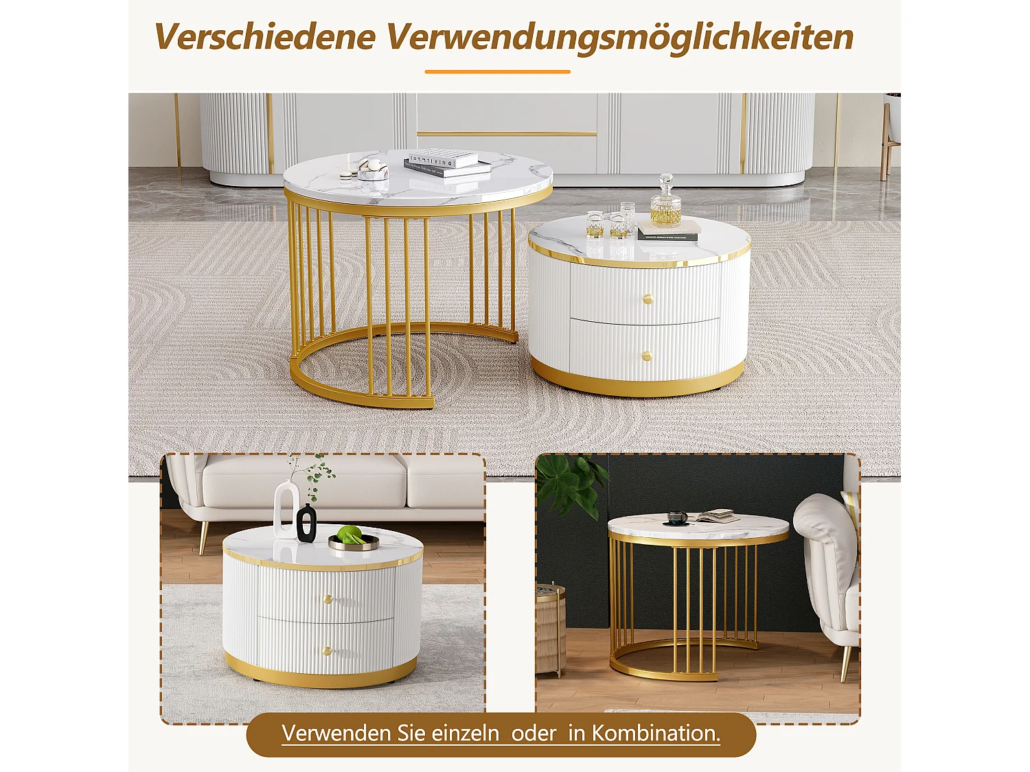 Set van 2 in elkaar schuivende salontafels met 2 laden - 60 x 60 x 45,5 cm + 50 x 50 x 32 cm - Glanzende marmerlook - MDF - Goud en wit