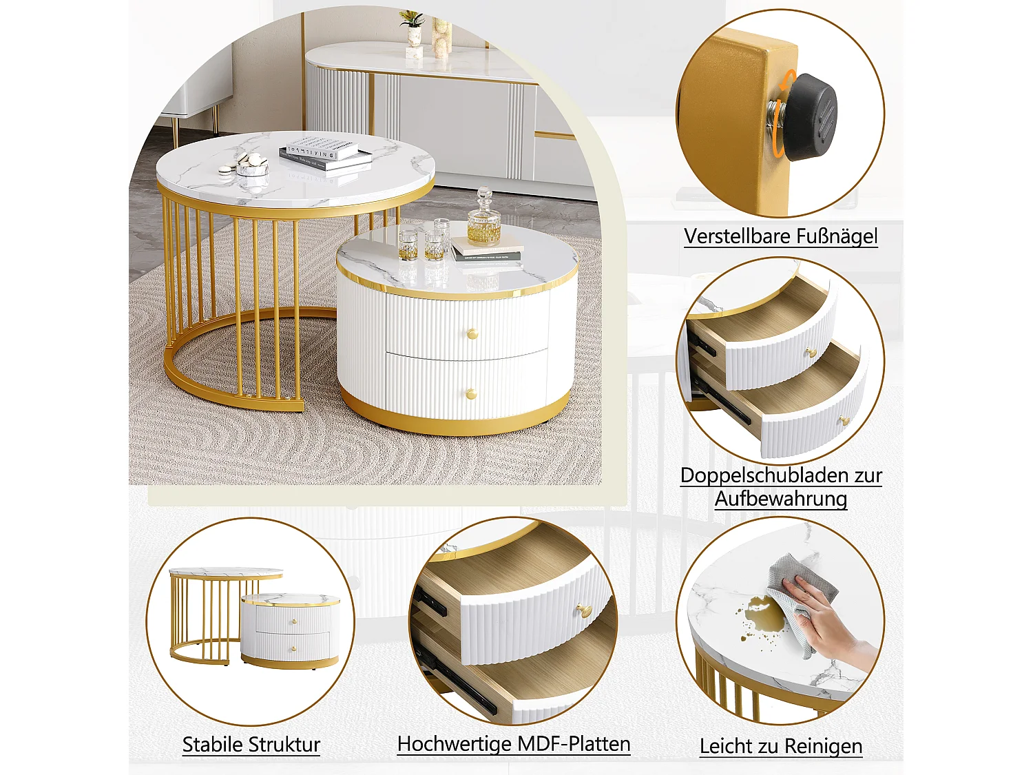 Set van 2 in elkaar schuivende salontafels met 2 laden - 60 x 60 x 45,5 cm + 50 x 50 x 32 cm - Glanzende marmerlook - MDF - Goud en wit