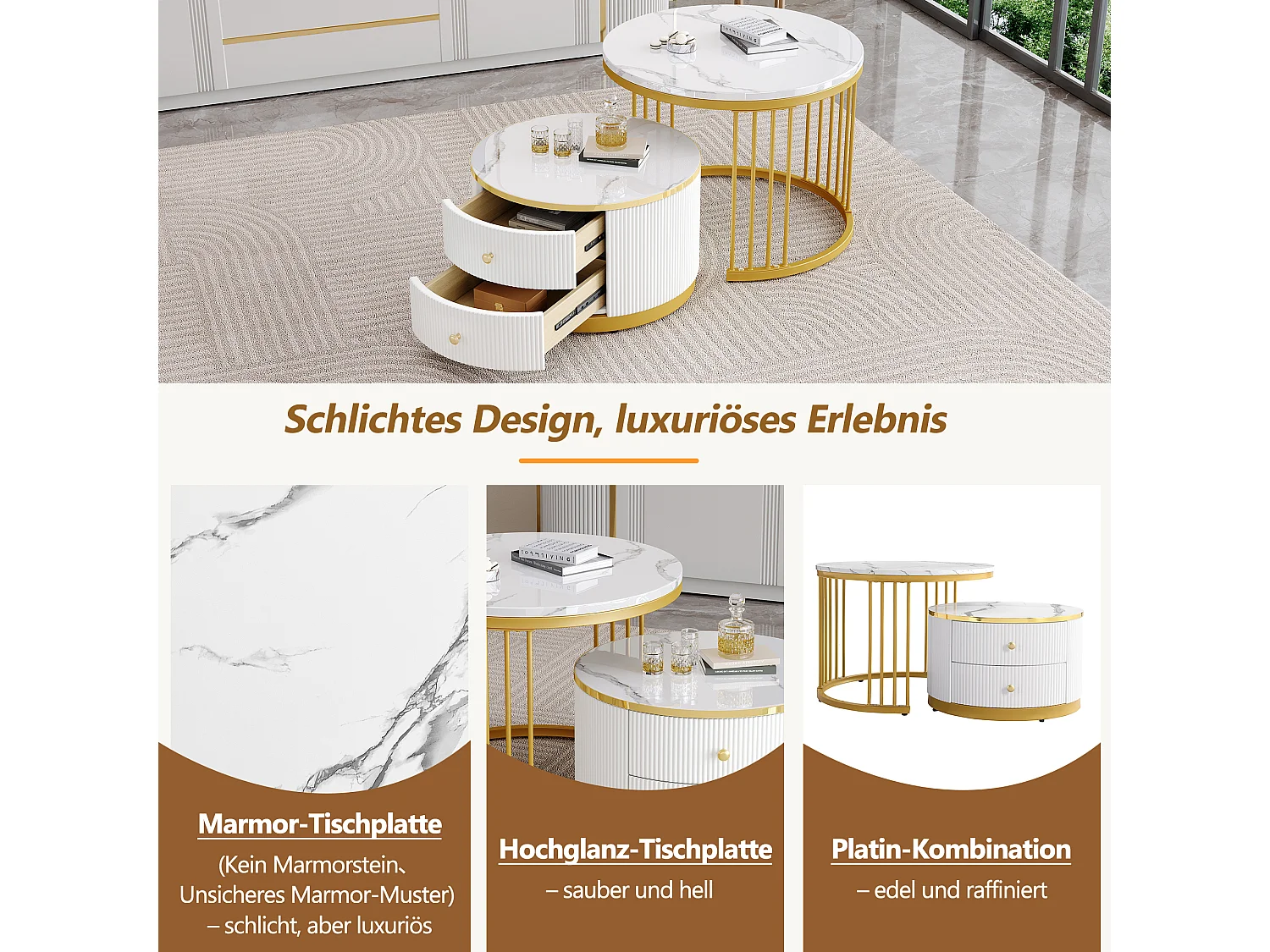 Set van 2 in elkaar schuivende salontafels met 2 laden - 60 x 60 x 45,5 cm + 50 x 50 x 32 cm - Glanzende marmerlook - MDF - Goud en wit